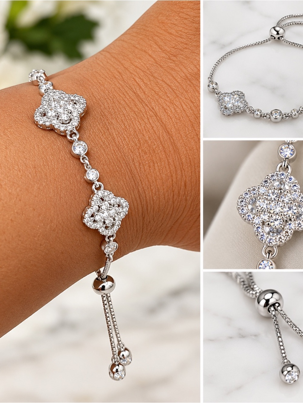 Silver Crystal Clover Adjustable Bracelet - Women